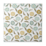 Carreau Motif floral rétro vert de tige<br><div class="desc">Arrière - plan blanc,  décoré d'un motif floral de style rétro dans du vert sauge et des fleurs bronzées claires.</div>
