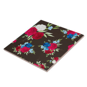 Carreau Motif floral rouge bleu élégant sur fond brun fonc