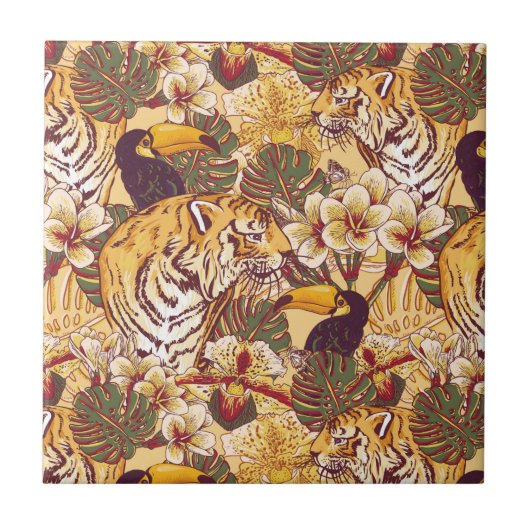 Carreau Motif floral tropical avec le tigre (Devant)
