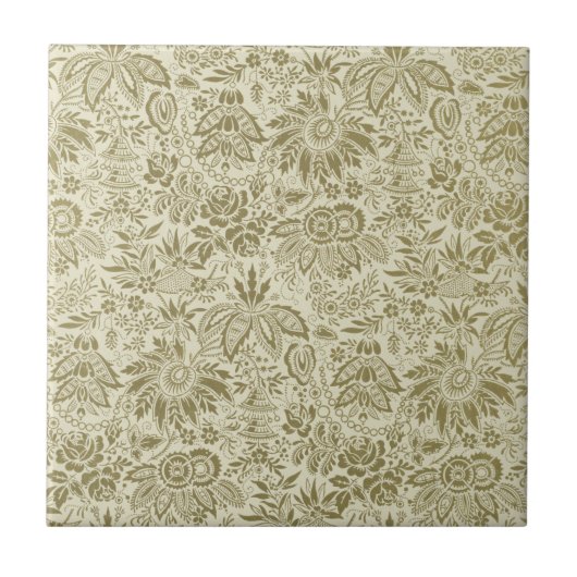 Carreau Motif Floral Vert Sage Antique Damas (Devant)