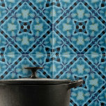 Carreau Motif géométrique complexe bleu doux et Indigo<br><div class="desc">Ce carrelage en céramique présente un motif kaléidoscopique complexe et symétrique qui se déploie en une répétition harmonieuse, créant un effet visuel fascinant. Le design se caractérise par différentes nuances de bleu, de la lumière au foncé, qui sont magnifiquement contrastées par des accents gris et noirs. Le motif est composé...</div>