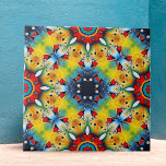 Carreau Motif géométrique de kaléidoscope complexe<br><div class="desc">Ce carrelage en céramique présente un design dynamique et complexe. Au coeur du carrelage se trouve un motif en forme d'étoile, rendu dans des tons bleus audacieux. Ce motif central est entouré de formes éclatantes dans une teinte jaune frappante, ornée de délicats accents rouges et verts. Le design est caractérisé...</div>