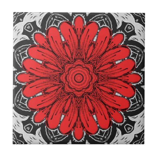 Carreau Motif géométrique de marguerite en rouge, noir et (Devant)