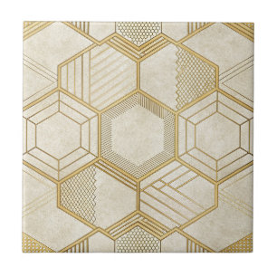 Carreau Motif géométrique en marbre crème Hexagone doré