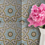 Carreau Motif géométrique Turquoise en or blanc<br><div class="desc">Présentant notre carrelage décoratif en céramique qui dégage un mélange d'attrait moderne et classique. Il dispose d'une motif géométrique complexe, à la fois attrayante et sophistiquée. Le motif central de la conception est un arrangement symétrique de formes pétales turquoises et blanches qui rayonnent d'un cercle doré-jaune. Chaque pétale est surligné...</div>
