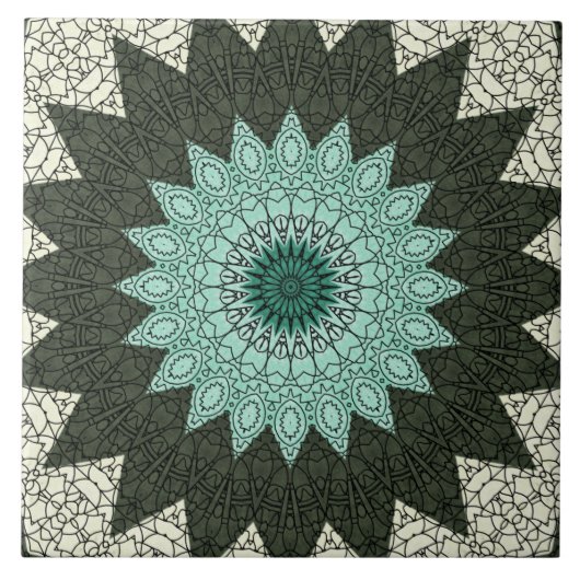Carreau Motif Mandala géométrique turquoise et vert (Devant)