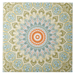 Carreau Motif Mandala orange et Turquoise avec accents or