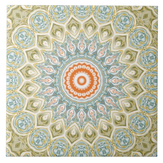 Carreau Motif Mandala orange et Turquoise avec accents or (Devant)