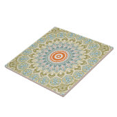 Carreau Motif Mandala orange et Turquoise avec accents or (Côté)