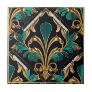 Carreau Motif Marbré Floral Art Déco en Malachite de Luxe