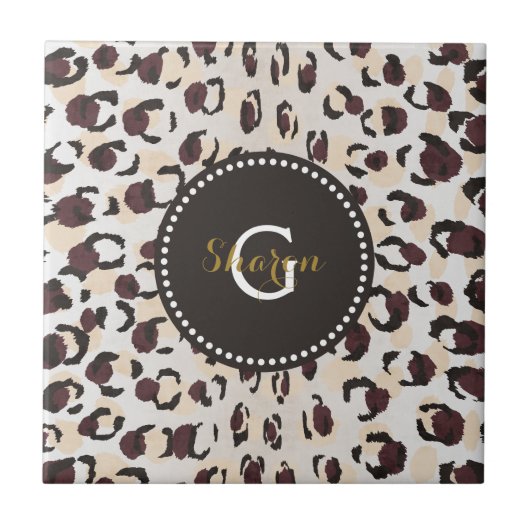 Carreau Motif moderne chic brun cheetah imprimé monogramme (Devant)
