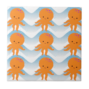Carreau Motif Octopus Orange Et Vagues Bleues