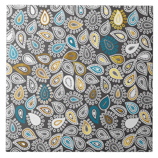 Carreau Motif Paisley en blanc, gris, or et turquoise (Devant)