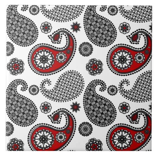 Carreau Motif Paisley, noir, blanc et rouge (Devant)
