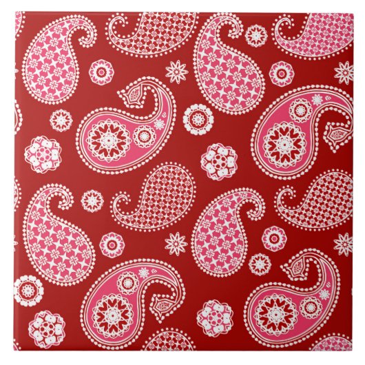 Carreau Motif Paisley, rouge foncé, blanc et rose corail (Devant)