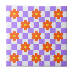 Carreau Motif Purple Check Avec Fleur Orange