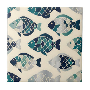 Carreau Motif répétitif de poissons stylisés bleu sarcelle