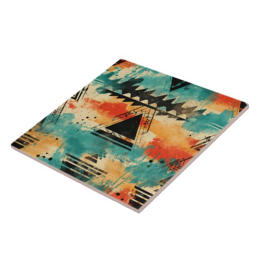 Carreau Motif rétro Aztec géométrique orange abstrait (Côté)