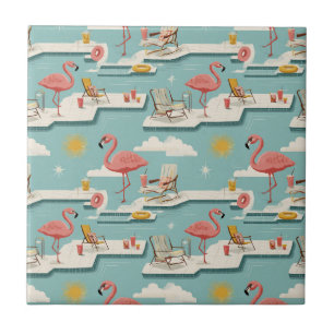 Carreau Motif rétro flamant rose au bord de la piscine (6)