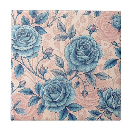 Carreau Motif Rose bleu rétro sur Arrière - plan rose doux (Devant)