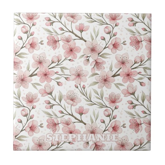 Carreau Motif Sakura en fleurs de cerises roses sur blanc (Devant)