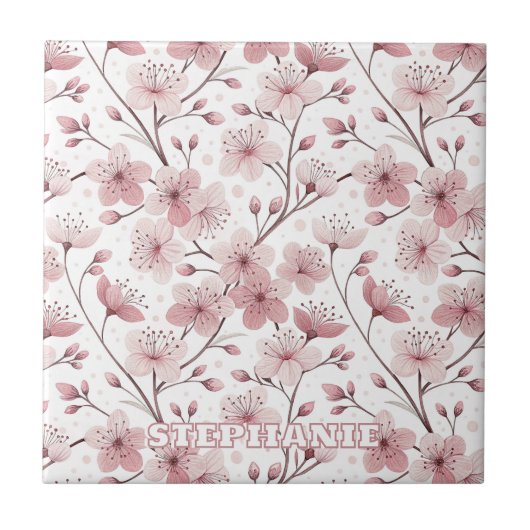 Carreau Motif Sakura en fleurs de cerises roses sur blanc  (Devant)