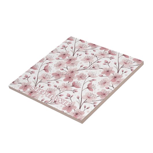 Carreau Motif Sakura en fleurs de cerises roses sur blanc  (Côté)