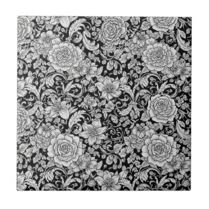 Carreau Motif sans couture floral vintage noir et blanc (6