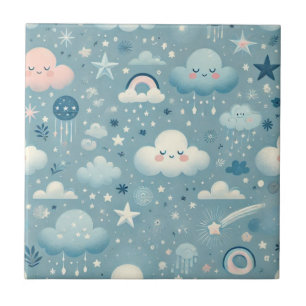 Carreau Motif Sky Whimsical avec nuages, étoiles - Bleu