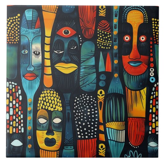 Carreau Motif tribal africain avec idoles. (Devant)