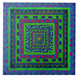 Carreau Motif tribal aztèque rouge vert-bleu de carrés d