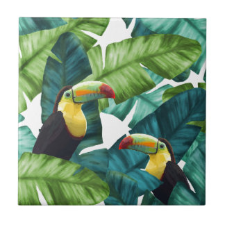 Carreau Motif tropical de feuille de banane de toucans