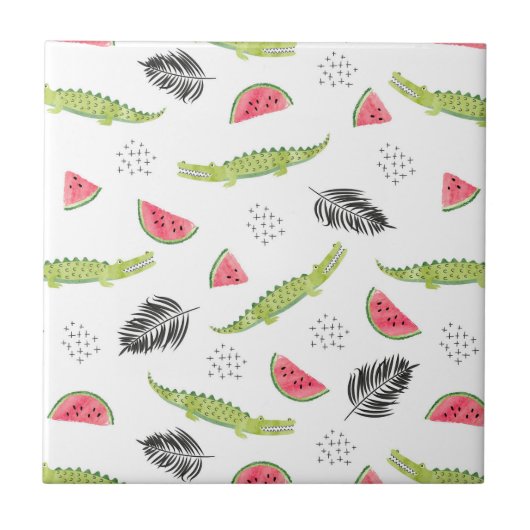 Carreau Motif tropical de pastèque et de crocodile (Devant)