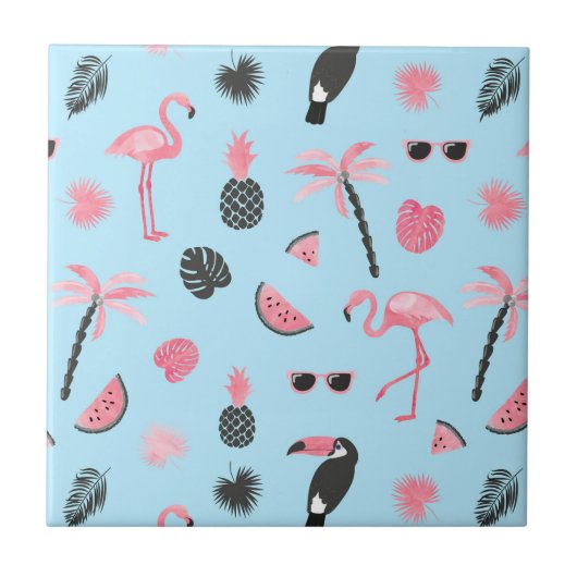 Carreau Motif tropical d'été rose et bleu (Devant)