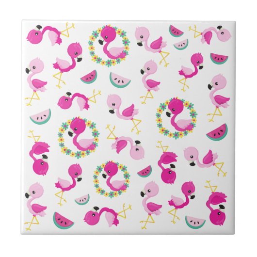 Carreau Motif tropical, Flamants roses, pastèques, Fleurs (Devant)