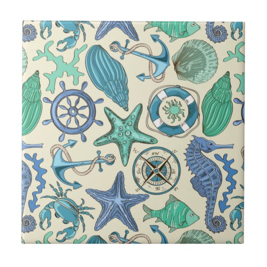 Carreau Motif turquoise d'animaux de mer (Devant)