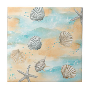 Carreau Motif Vagues Aqua et Coquillages de Récif Corallie
