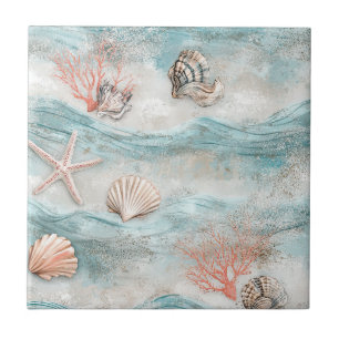 Carreau Motif Vagues Aqua et Coquillages de Récif de Corai