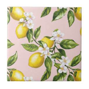 Carreau Motif vintage citron et fleurs sur rose (2)