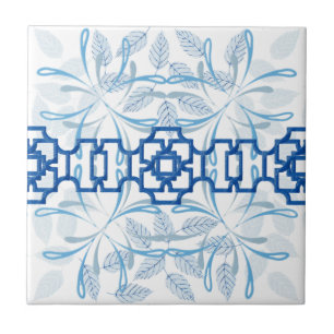 Carreau Motif Zen de Chinoiserie Florale Géométrique Bleue