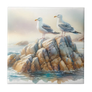 Carreau Mouettes côtières aquarelle paysage marin