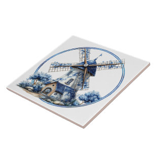 Carreau Moulin à vent aquarelle bleu de Delft magnifique