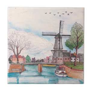 Carreau Moulin De Adriaan Haarlem Pays-Bas Aquarelle
