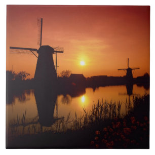 Carreau Moulins à vent au coucher du soleil, Kinderdijk, P