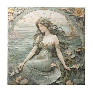 Carreau Mucha inspo Mermaid Art Nouveau Faux Relief L Mint