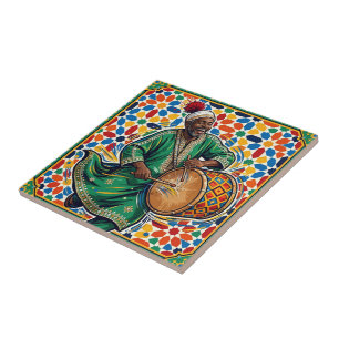Carreau Musicien Gnawa marocain vibrant Mosaïque Zellij