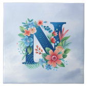 Carreau N monogramme bleu avec fleurs (Devant)