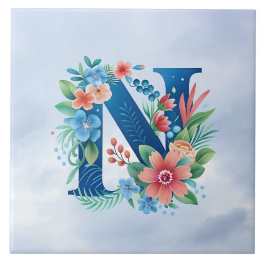 Carreau N monogramme bleu avec fleurs (Devant)