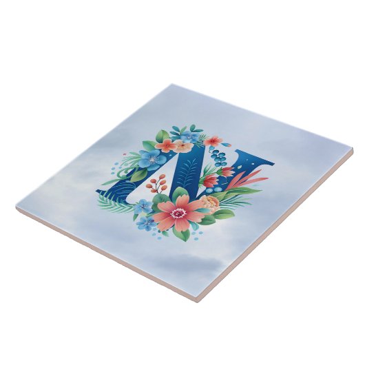 Carreau N monogramme bleu avec fleurs (Côté)