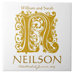 Carreau N Monogramme or en blanc - Noms Mariage Date Tile